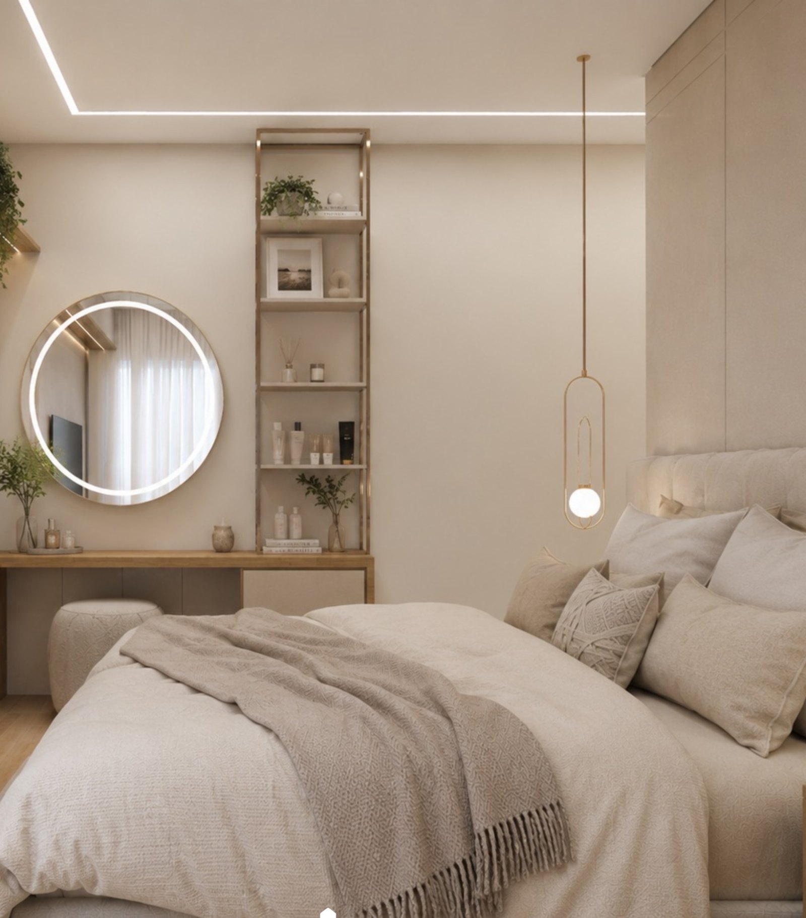 Quarto com espelho redondo