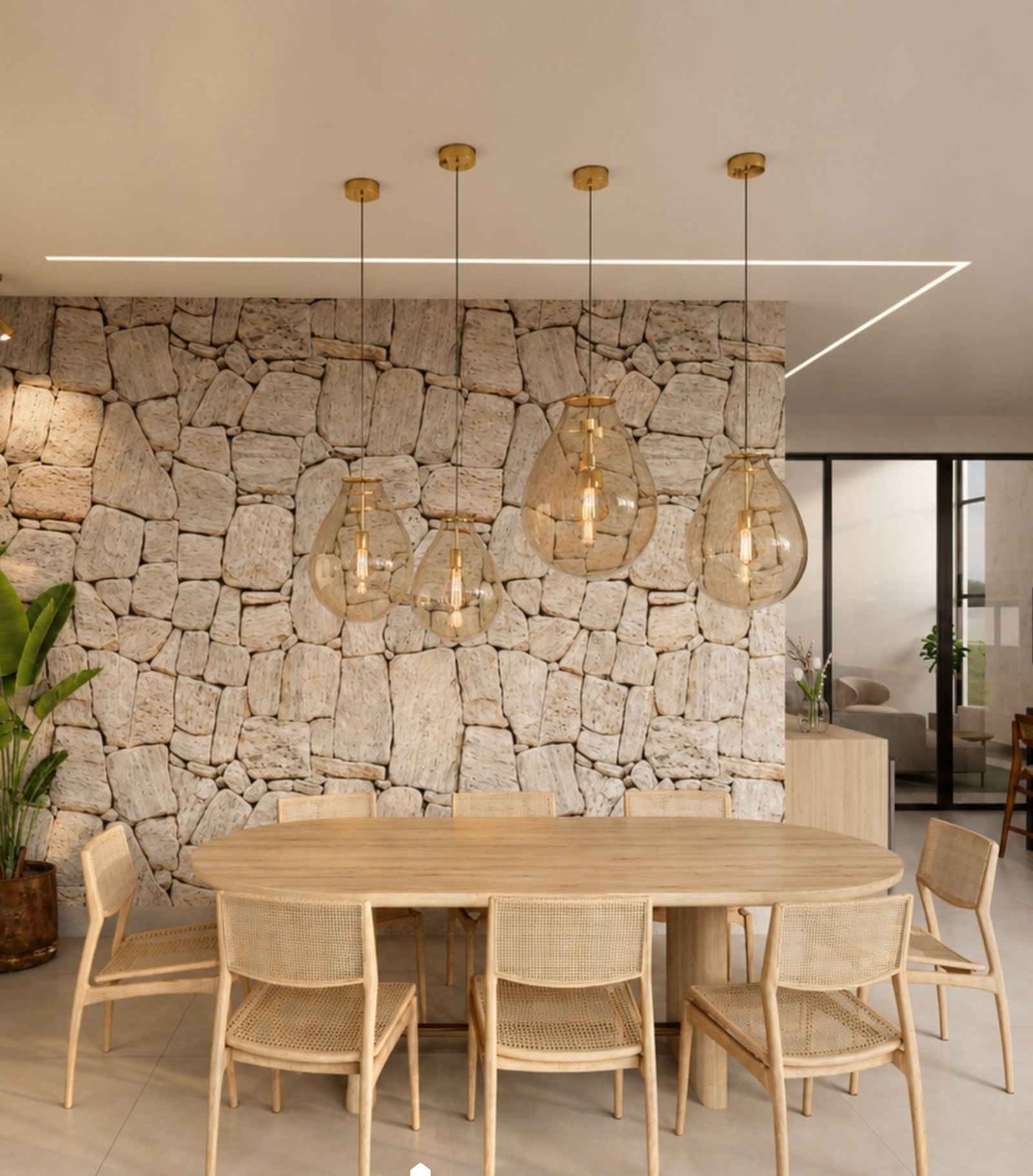 Sala de jantar com parede de pedra